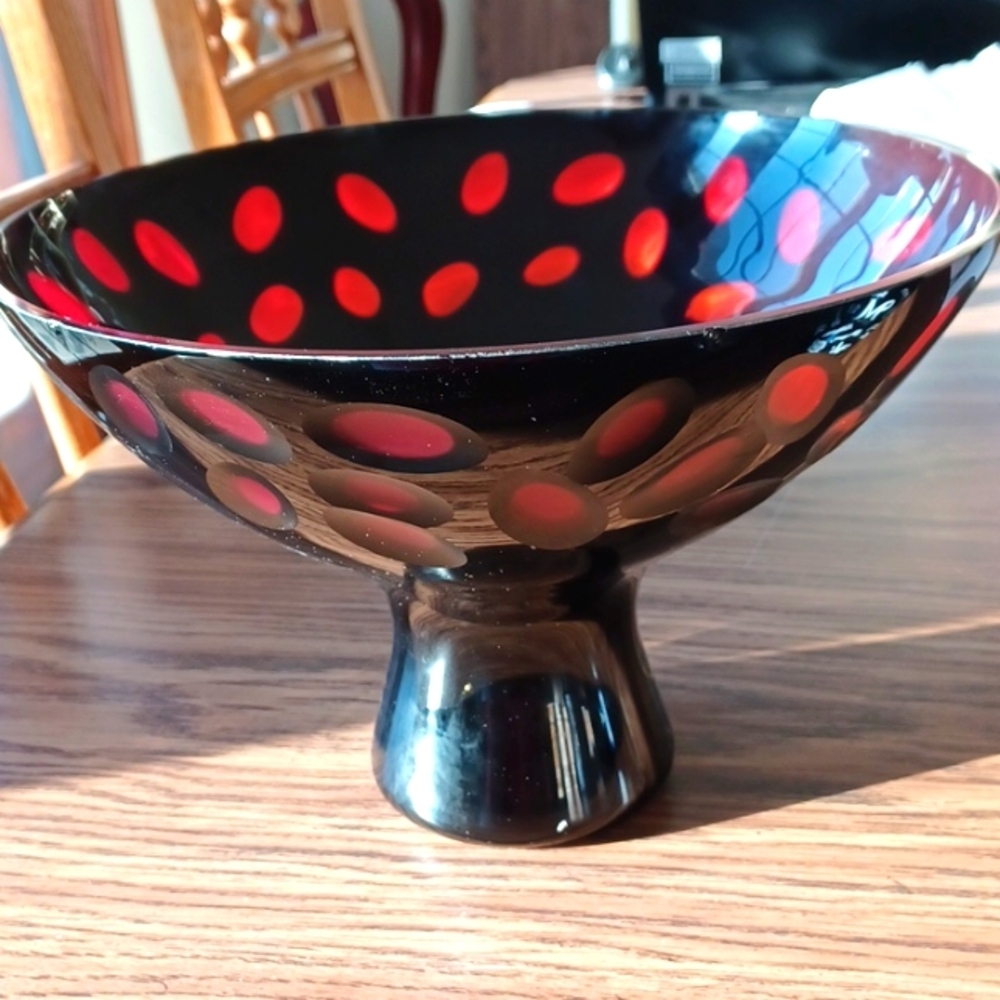 Red glass pedestal fruit bowl, approx 11" dia, x 7" tall, etched ovals